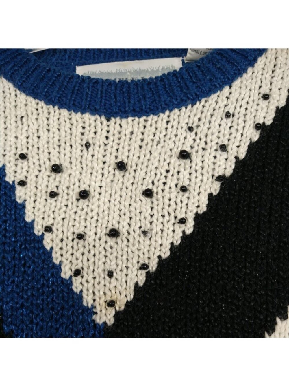 Vtg Bramble Lane Sweater Beaded Women Size L Blue Geometric Metallic Long Slv - Picture 3 of 8